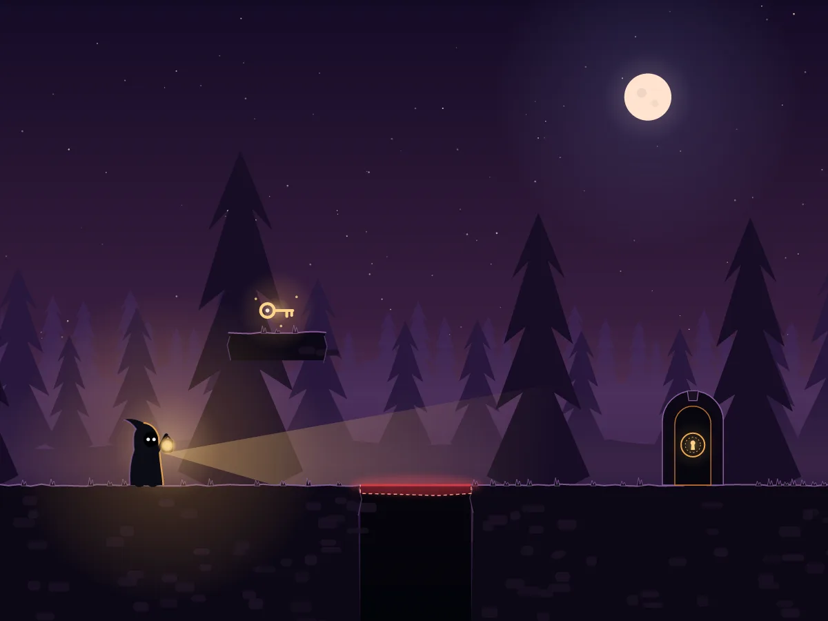 A glowing key hangs above a forest platform, with a locked doorway across the path.