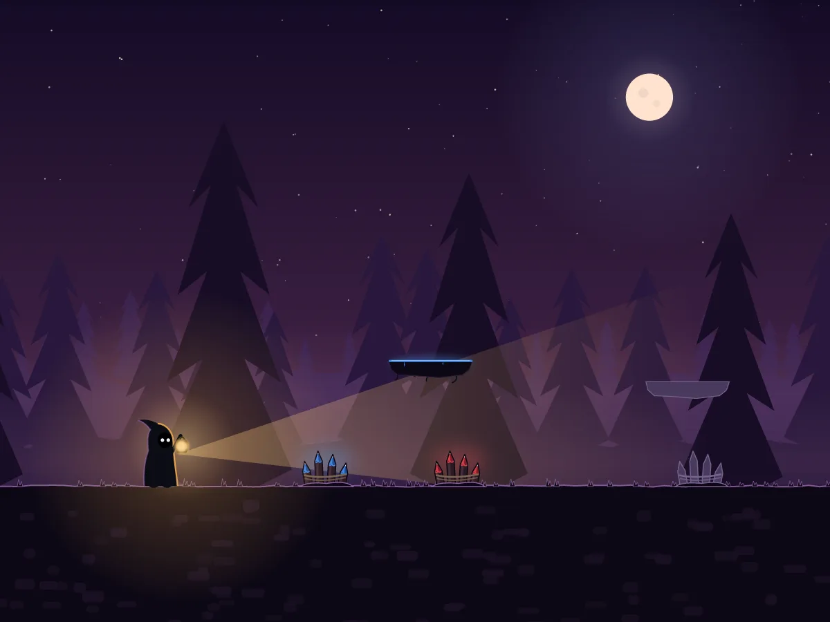 Wick uses a lantern to reveal colored objects among dark forest silhouettes.