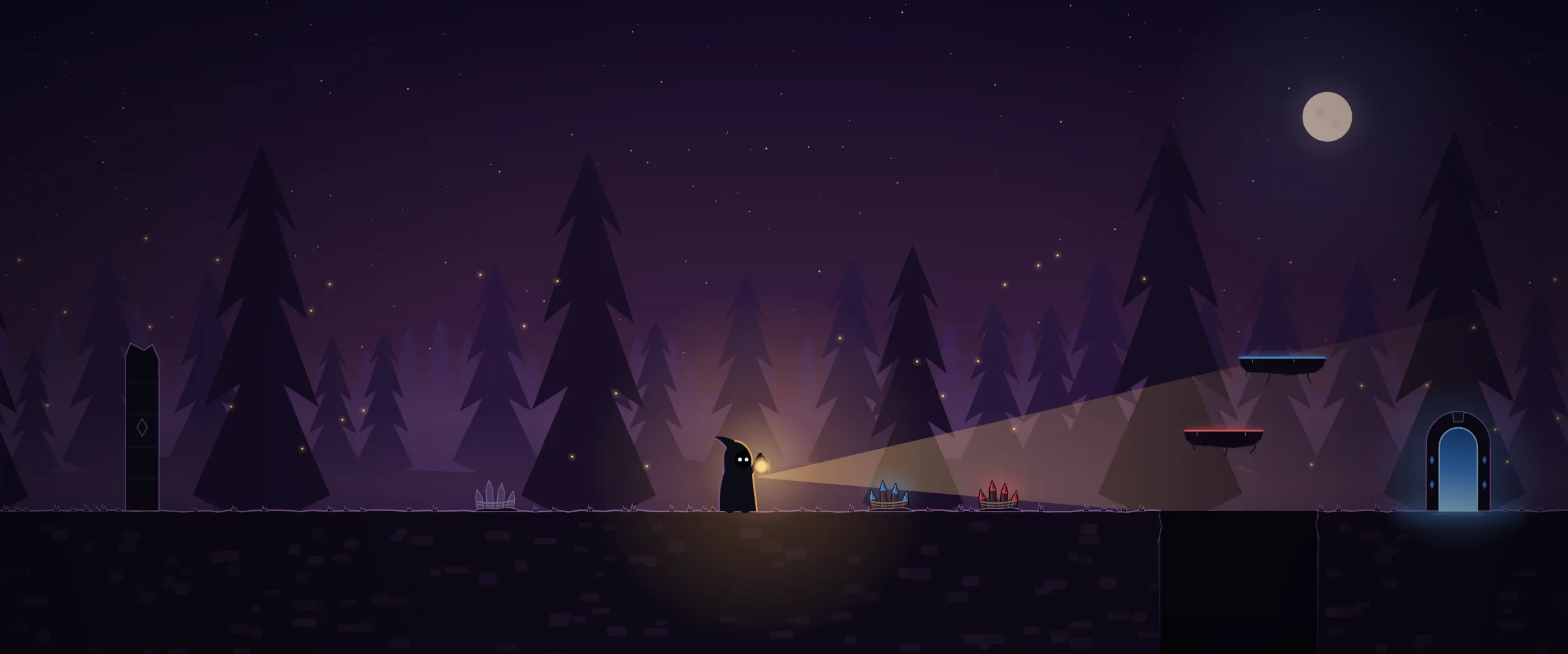 Wick holds a lantern in a moonlit forest, revealing blue and red objects along the path.